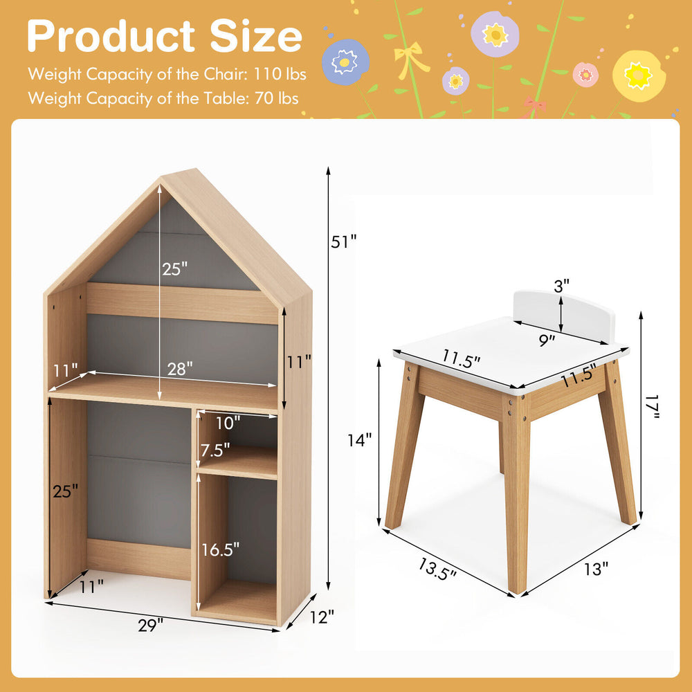 House-shaped kids table and chair set in gray with storage, blackboard, and sturdy wood legs for safe play and learning.