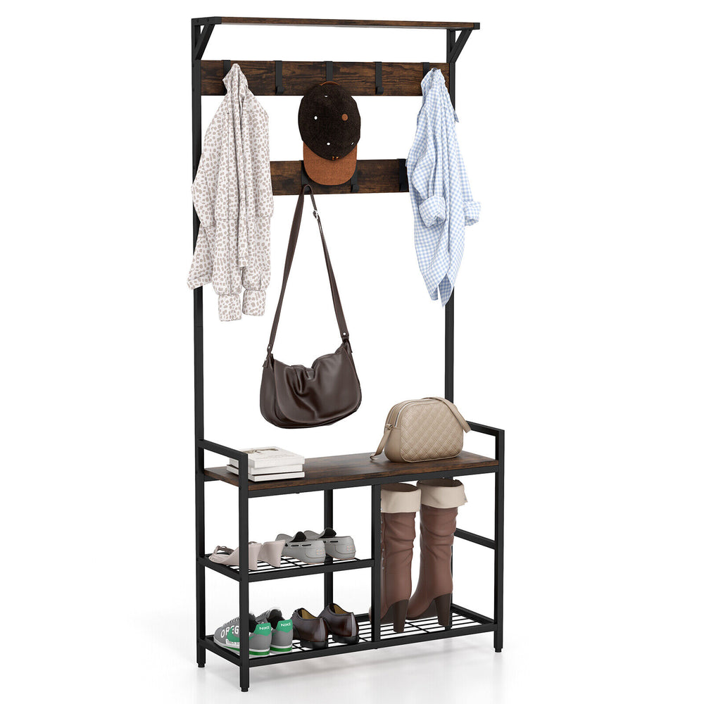 Freestanding hall tree with shoe bench, rustic brown finish, 9 removable hooks, ideal for hallway or living room.