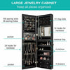 Large black jewelry cabinet featuring 36 necklace hooks, 108 earring slots, and 91 ring slots for organized storage.