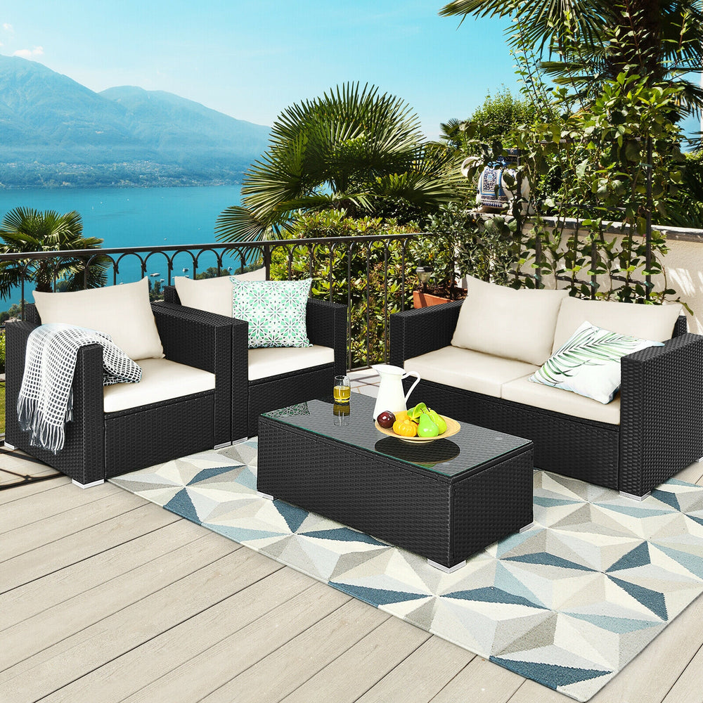 4 Pieces Patio Rattan Conversation Set with Padded Cushion and Tempered Glass Coffee Table-White - Gallery View 1 of 10