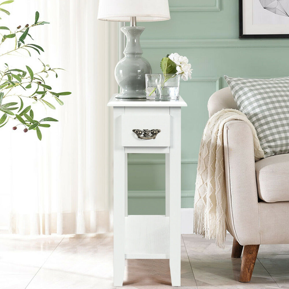 White 2-tier end table with drawer and open shelf, perfect for narrow spaces beside a sofa or chair.