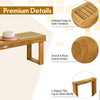 Acacia wood dining bench with slatted seat, natural teak color, smooth surface, ideal for patio or indoor use.
