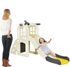 Kids' 6-in-1 slide playset with basketball hoop and climbing features, made of HDPE, for outdoor fun and safety.