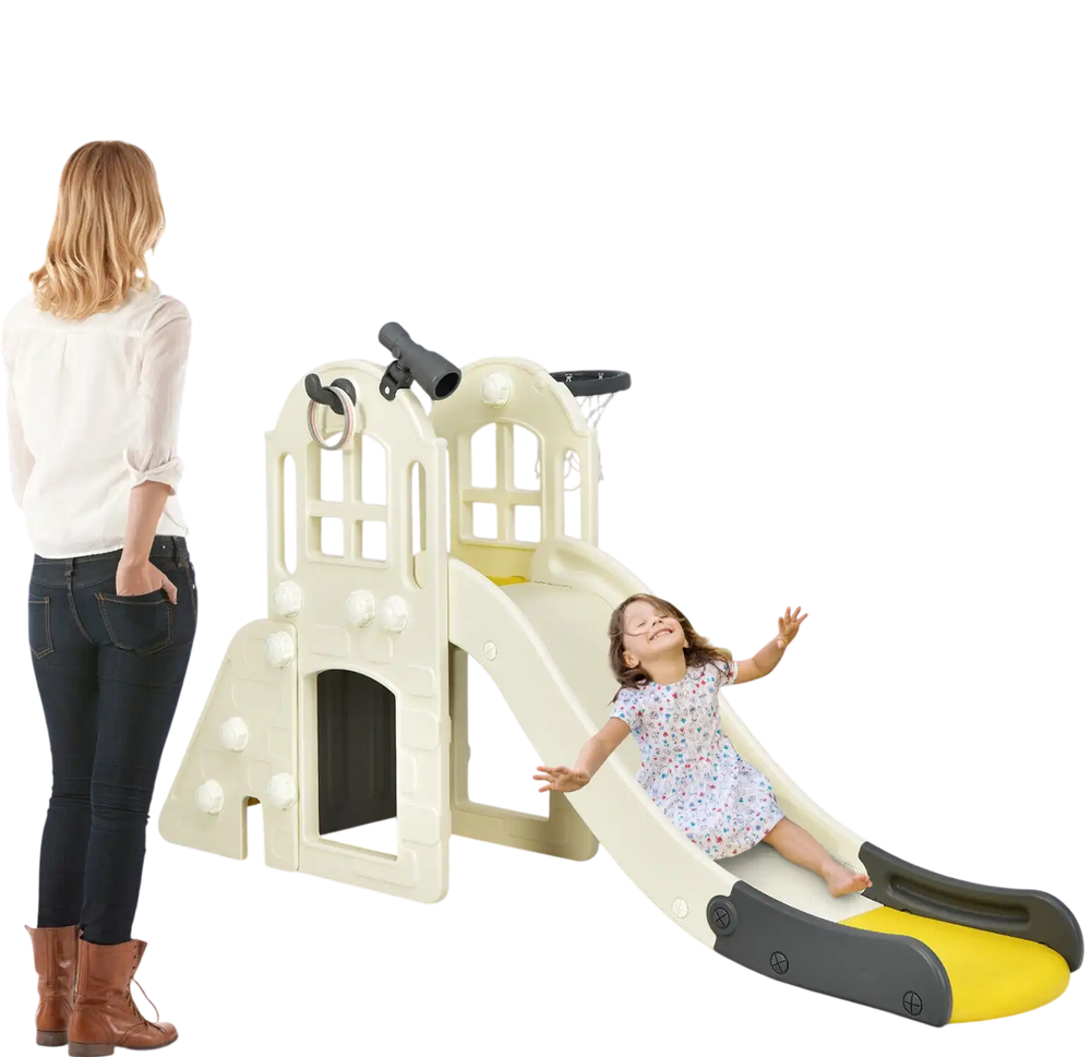 Kids' 6-in-1 slide playset with basketball hoop and climbing features, made of HDPE, for outdoor fun and safety.