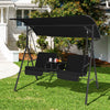 Two-seat black porch swing chair with adjustable canopy, featuring a middle table and cup holder for outdoor relaxation.