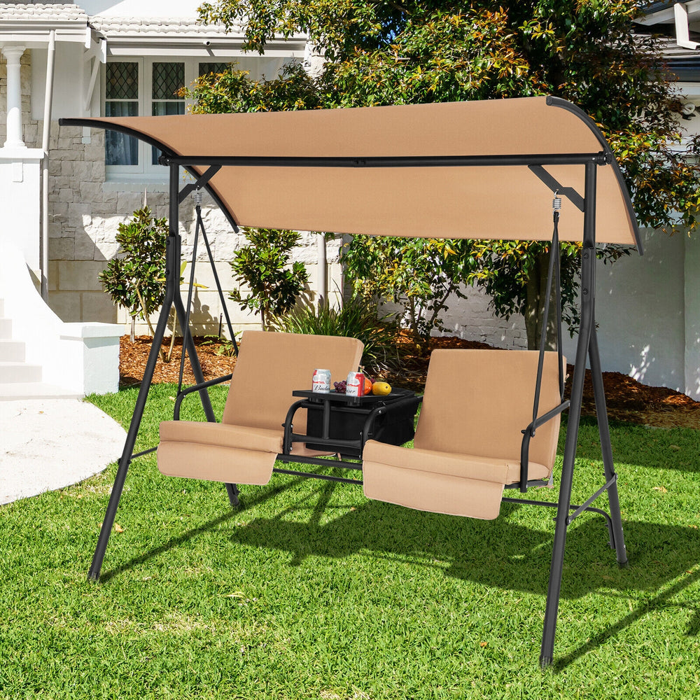 Porch Swing Chair with Adjustable Canopy-Beige - Gallery View 1 of 11