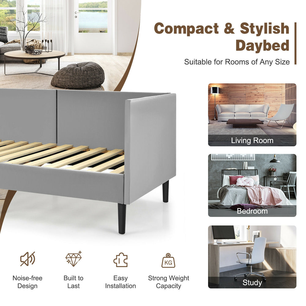 Twin size daybed frame in gray with wooden slat support, ideal for small spaces, perfect for bedrooms or living rooms.