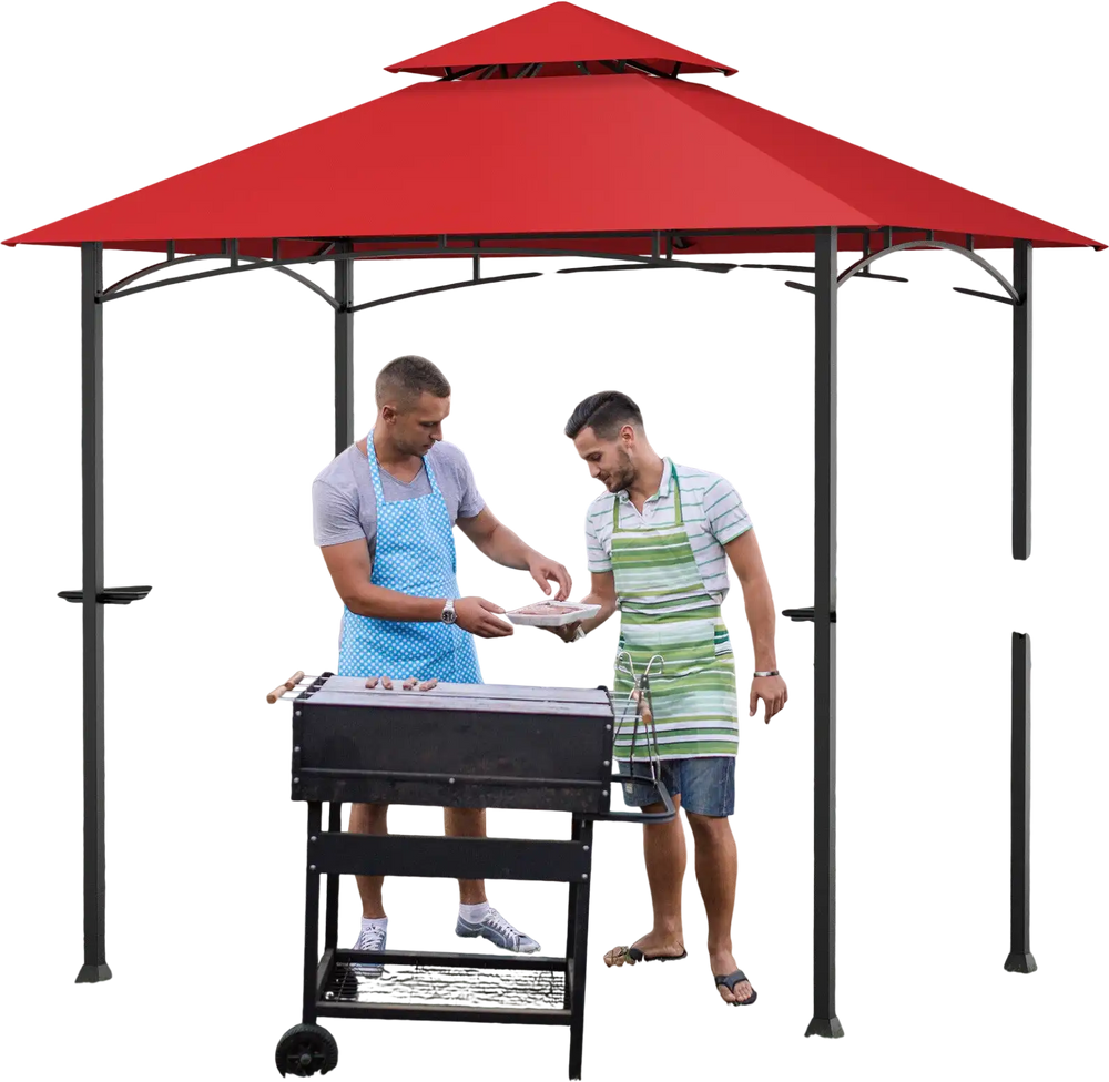 Outdoor barbecue grill gazebo with double roof, 360-degree ventilation, and built-in shelves for convenience.