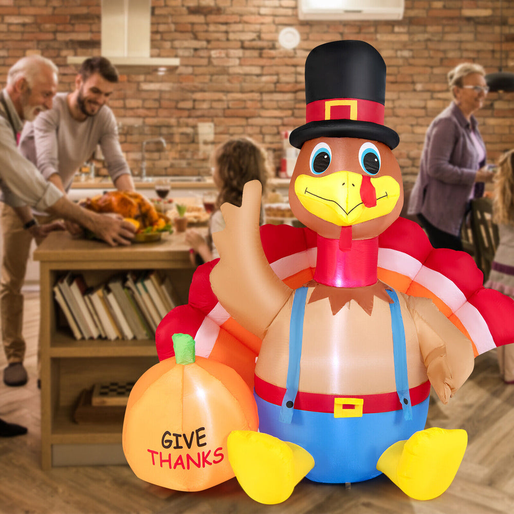 6-foot inflatable Thanksgiving turkey with pumpkin, featuring bright LED lights, perfect for lawn and party decor.