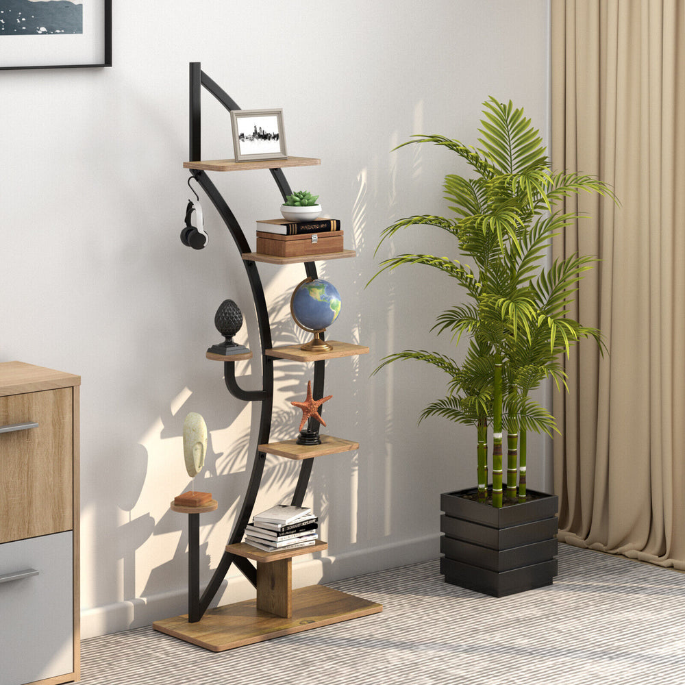 6 Tier 9 Potted Metal Plant Stand Holder Display Shelf with Hook-Natural - Gallery View 1 of 8