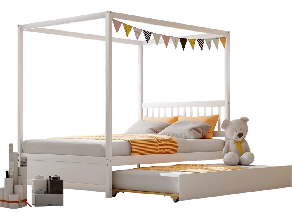 Full size white canopy bed with trundle, solid wood frame, decorated with flags, ideal for kids' bedrooms.