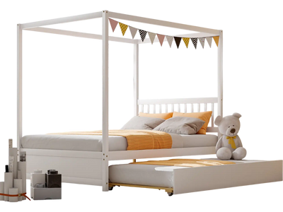 Costway Full Canopy Bed Frame w/ Trundle Headboard White 57906241 New