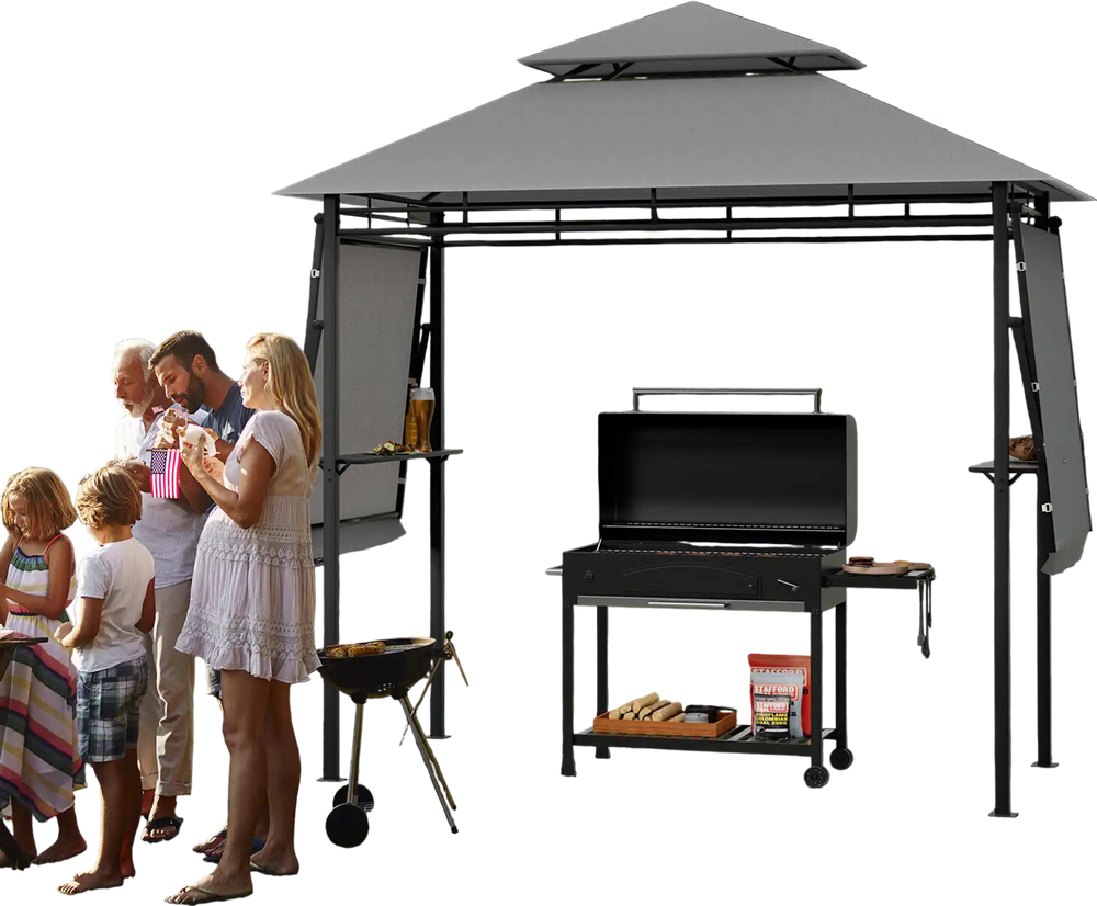 Patio BBQ grill gazebo with dual side awnings, 13.5 x 4 ft, providing shade and space for outdoor cooking and.