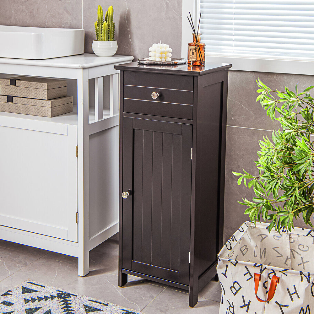 Wooden Bathroom Floor Storage Cabinet with Drawer and Shelf-Brown - Gallery View 1 of 11