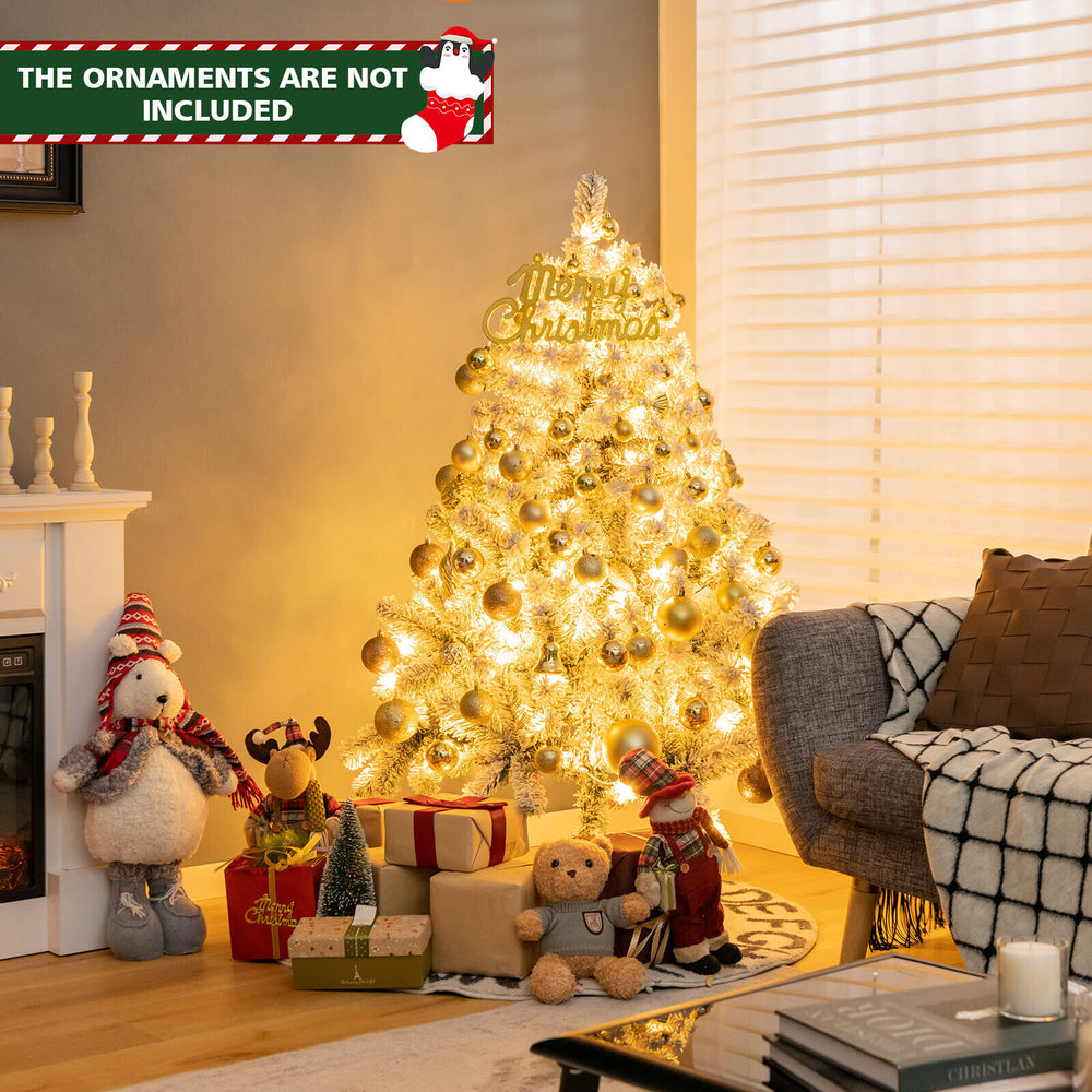 4.5 feet pre-lit snow flocked Christmas tree with 150 warm white lights, perfect for festive holiday decor.