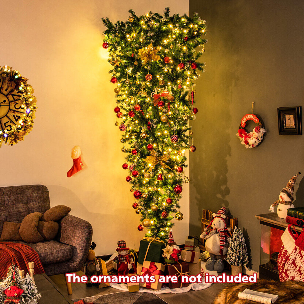 7.5 feet pre-lit upside down Christmas tree with 1100 snowy tips and 400 warm white LED lights, ideal for small spaces.