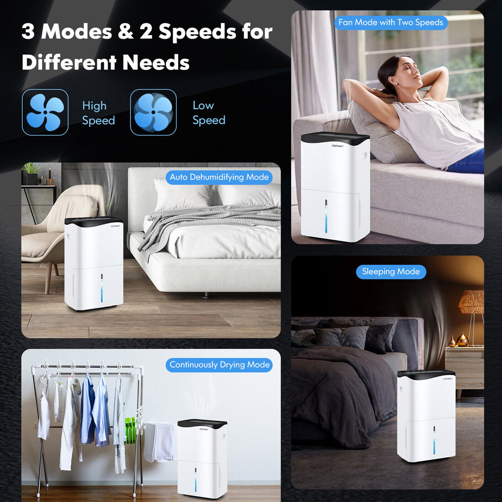 100-pint dehumidifier in white with LED control panel, ideal for large rooms up to 5500 sq.ft, featuring smart app.