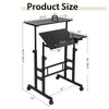 Mobile stand-up computer desk in black with adjustable tilting desktops and compact design for small spaces.