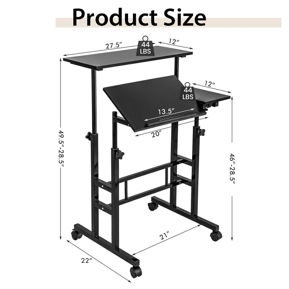 Mobile stand-up computer desk in black with adjustable tilting desktops and compact design for small spaces.