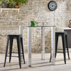 Black 30-inch bar stools with square seat and handling hole, featuring a stackable design for kitchen or home bar use.