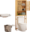 Bamboo over-the-toilet storage cabinet with adjustable shelves and double louvered doors for bathroom organization.