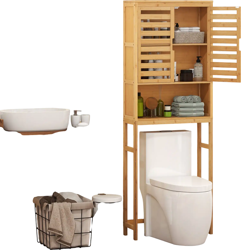 Bamboo over-the-toilet storage cabinet with adjustable shelves and double louvered doors for bathroom organization.