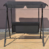 Side view of the loveseat cushioned patio swing glider with black steel frame and waterproof canopy, ideal for outdoor.