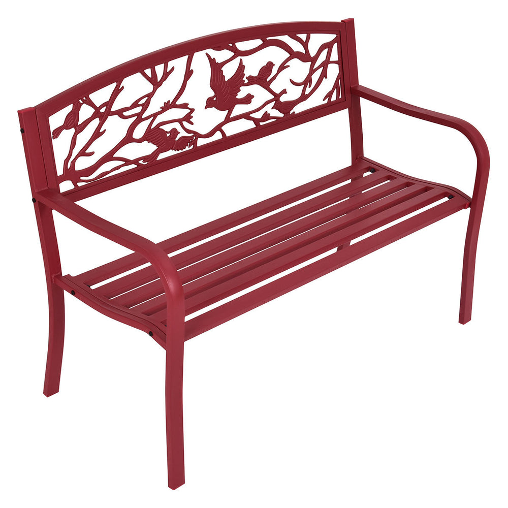 Red patio garden bench with a steel frame and cast iron backrest, ideal for outdoor relaxation in any backyard or park.
