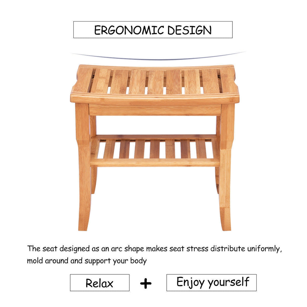 Bamboo shower chair bench with storage shelf, ergonomic design, moisture-resistant, ideal for bathroom or sauna use.