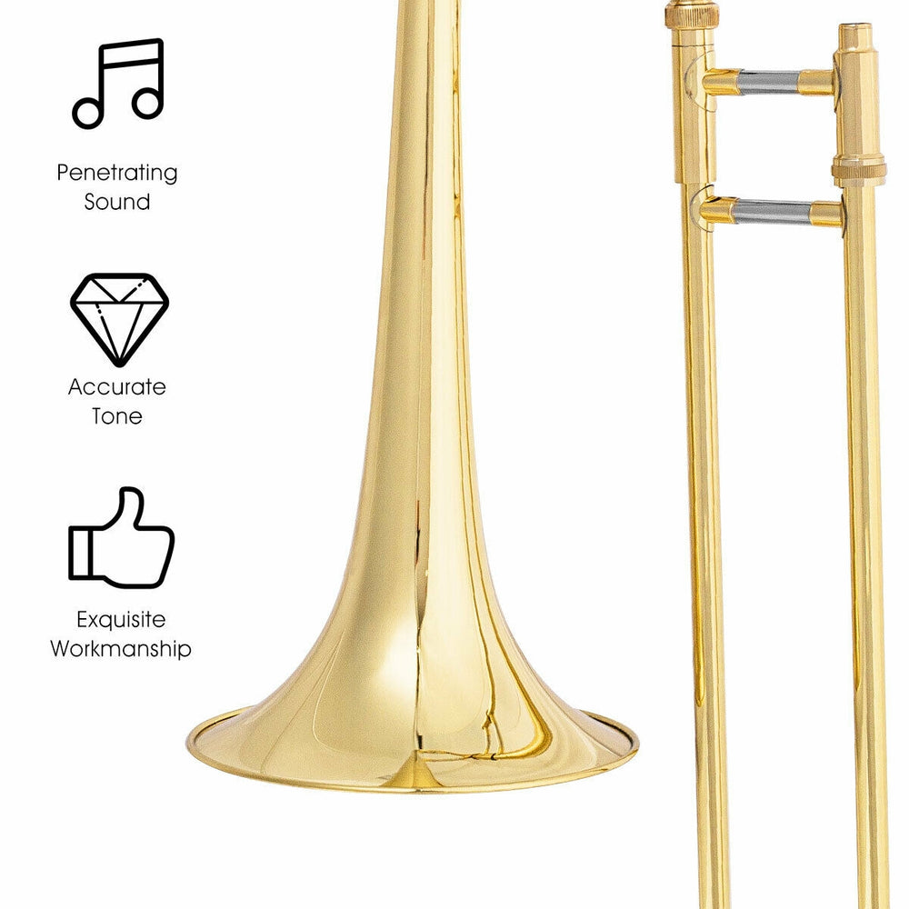 B Flat trombone in golden brass with a shiny finish and quality mouthpiece, ideal for students and music lovers.