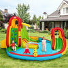 Kid's inflatable water slide bounce house with climbing wall and splash pool, perfect for outdoor summer fun.