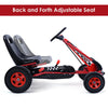 Adjustable seat pedal go-kart in red for kids ages 3-8, featuring four rubber wheels for stability and safety.