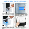 Evaporative portable air cooler fan with remote control, showing water tank filling process for home and office use.