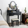 Black vanity table set with oval mirror and 12 LED bulbs, featuring 5 drawers and cushioned stool for versatile use.