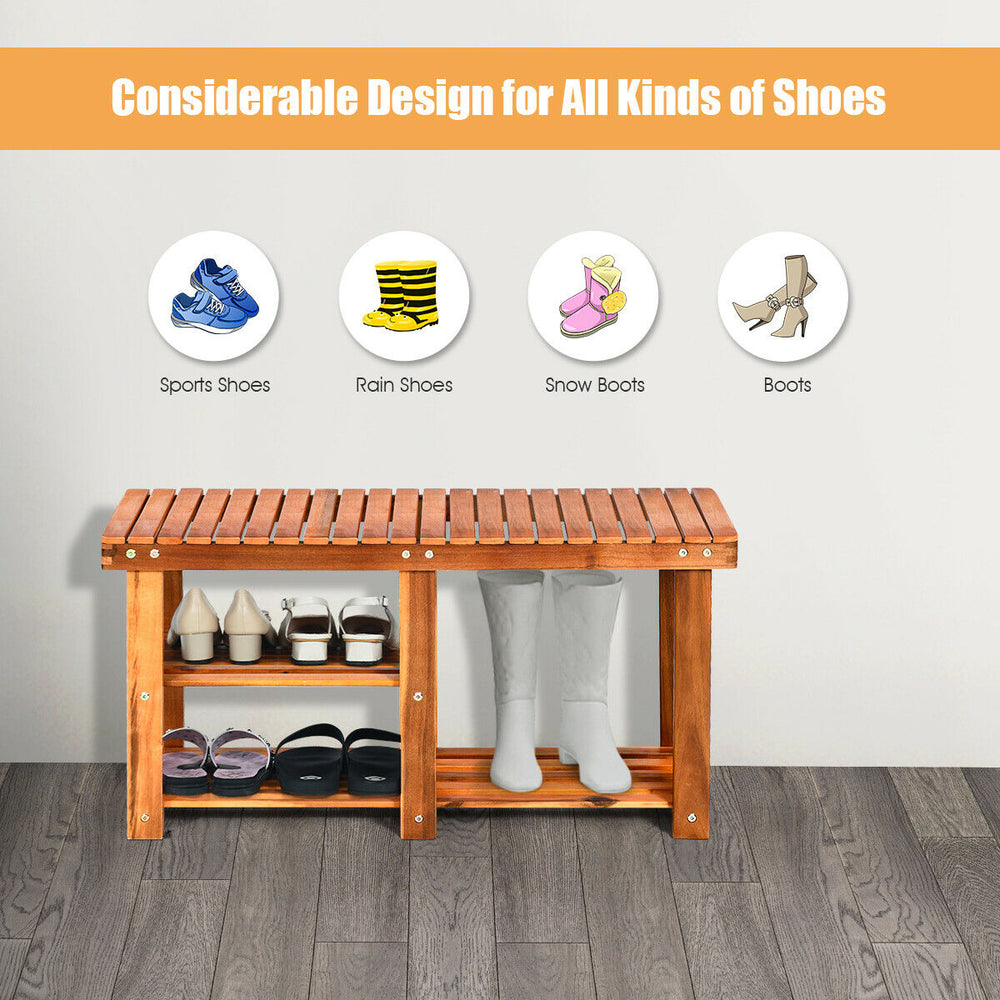 3-tier wooden shoe organizer with seat, made of acacia wood, ideal for entryways and versatile storage solutions.