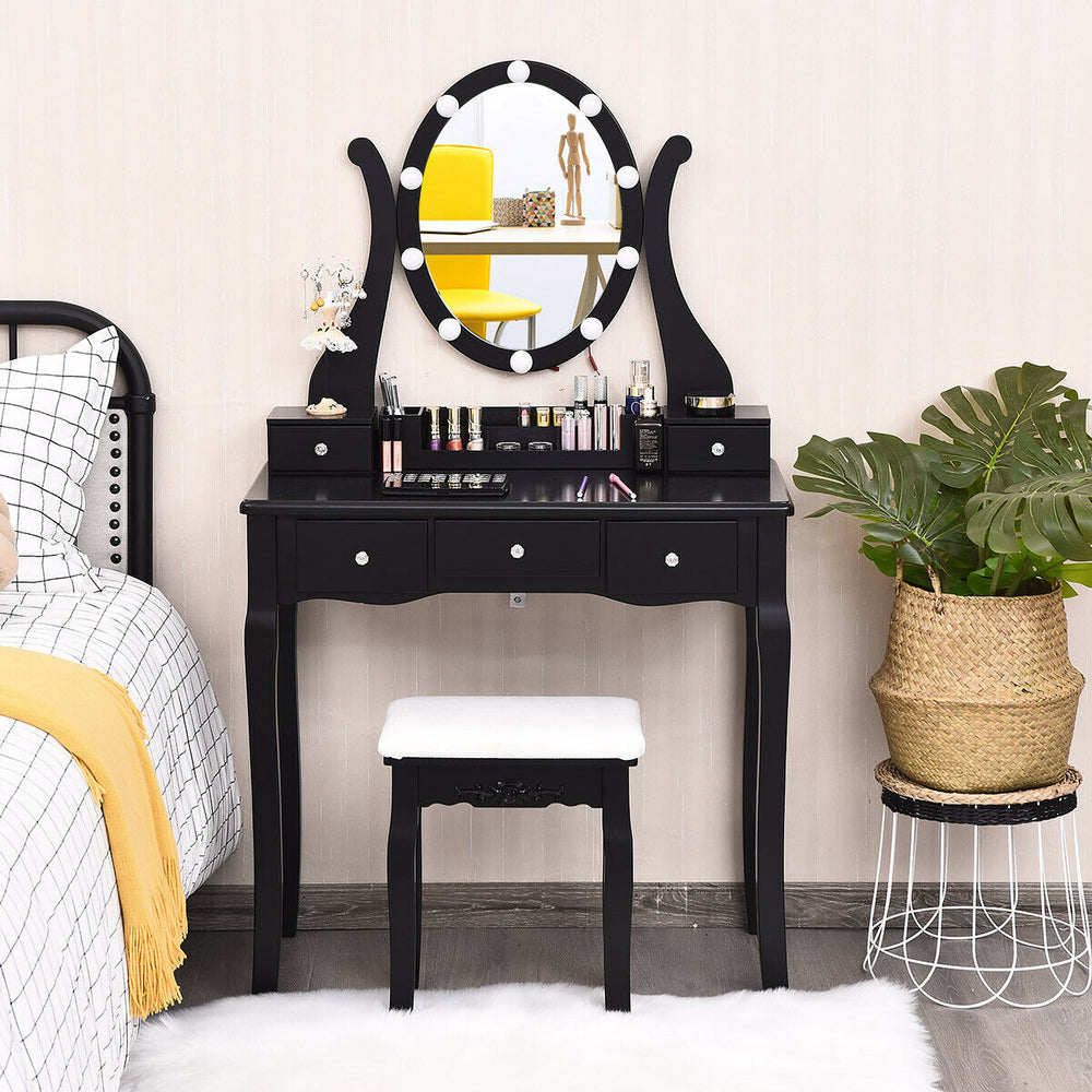 10 Dimmable Lights Vanity Table Set with Lighted Mirror and Cushioned Stool-Black - Gallery View 1 of 11
