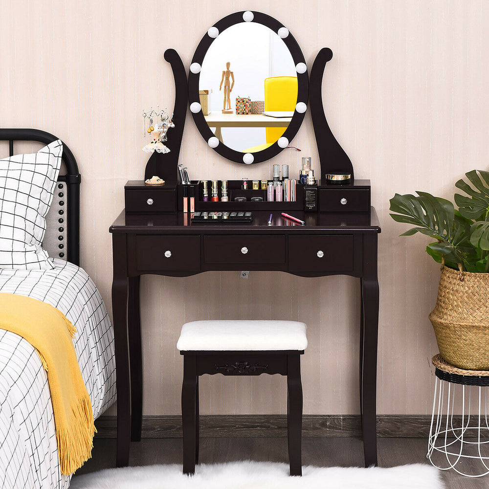 10 Dimmable Lights Vanity Table Set with Lighted Mirror and Cushioned Stool-Coffee - Gallery View 1 of 11