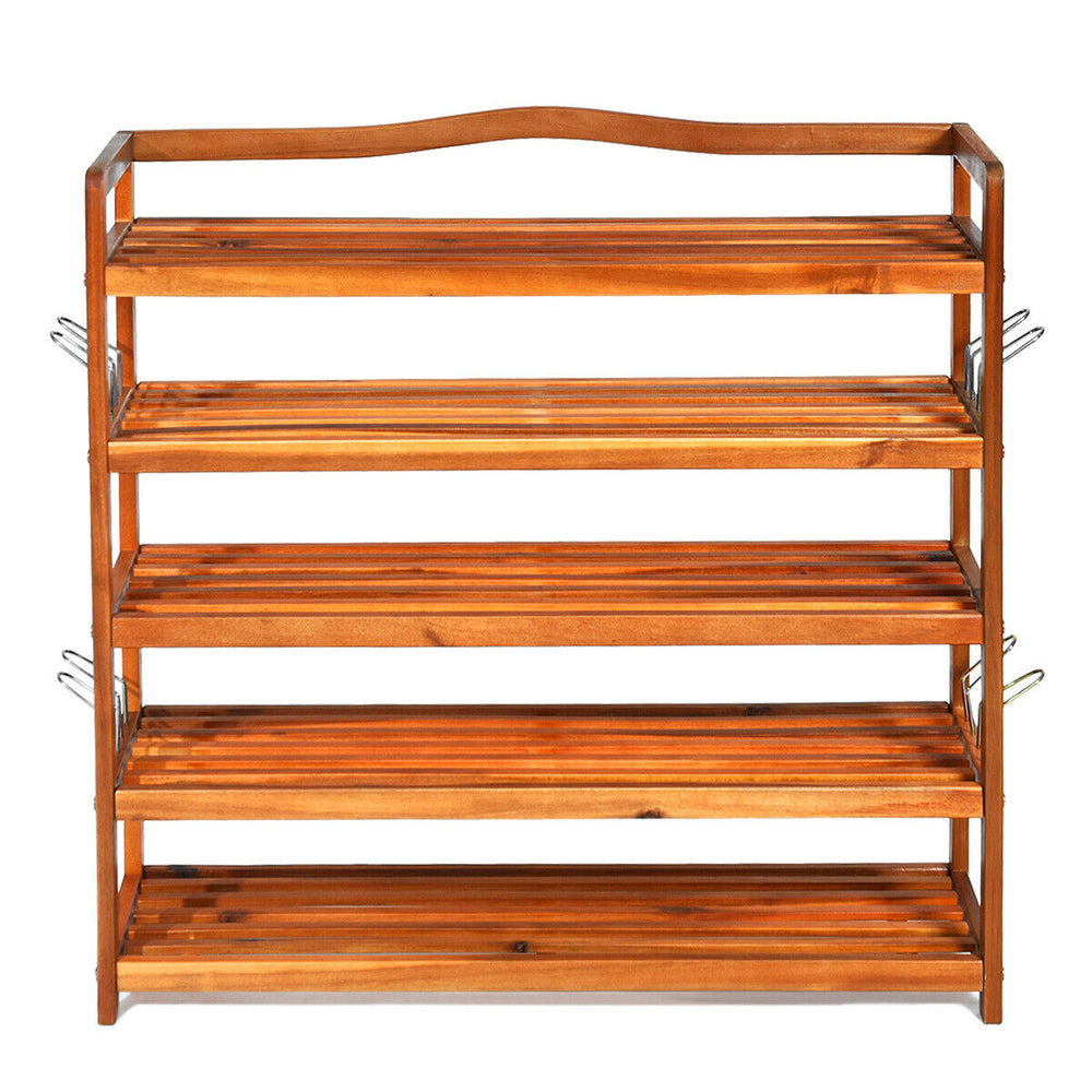 5-tier acacia wood shoe rack with removable shelves and metal hooks, perfect for organizing 12-18 pairs in any room.