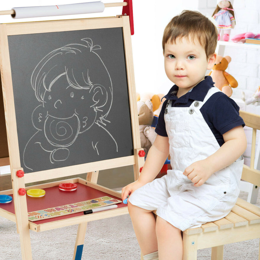 Height adjustable wooden kid's art easel with chalkboard, featuring a child drawing and magnetic stickers for.