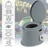 Portable 5L travel toilet in gray with removable paper holder, ideal for camping and outdoor activities.