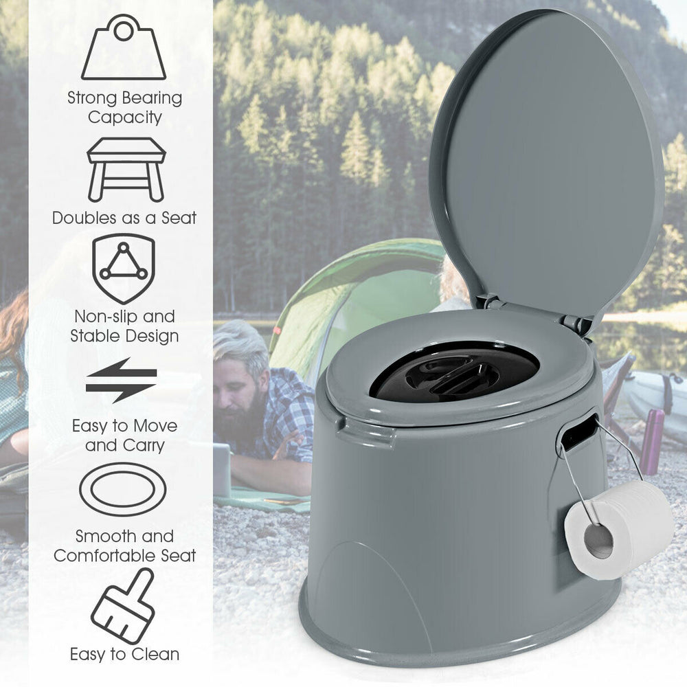 Portable 5L travel toilet in gray with removable paper holder, ideal for camping and outdoor activities.