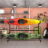Freestanding height adjustable dual kayak storage rack with two kayaks, suitable for garage or outdoor use.