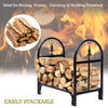 Heavy duty steel firewood storage holder with black powder-coated finish, ideal for outdoor wood stacking and.
