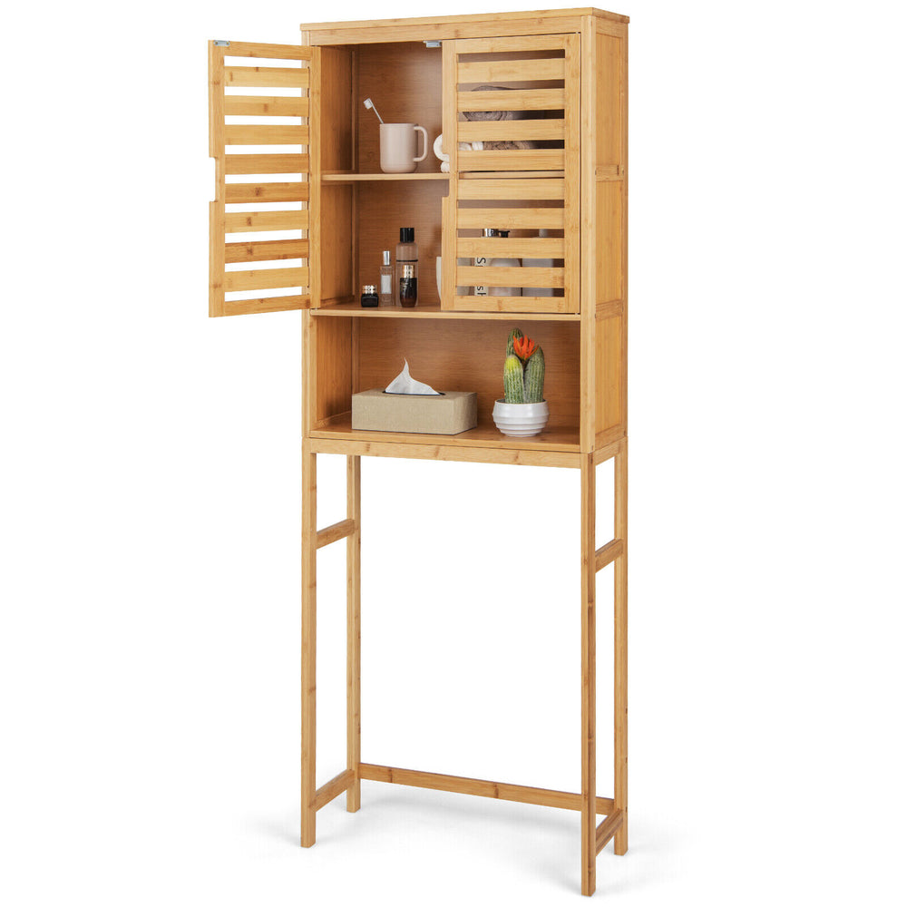 Bamboo over-the-toilet storage cabinet with adjustable shelf and double louvered doors for bathroom space-saving.