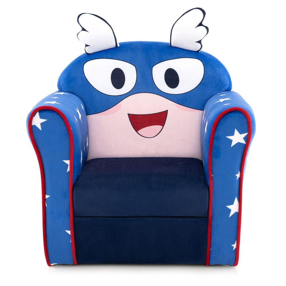 Blue kids' sofa with armrest and thick cushion featuring a cute character design, ideal for ages 1-3 in playrooms or.