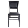 Black PU leather upholstered metal folding dining chair with ergonomic design, ideal for dining rooms and events.