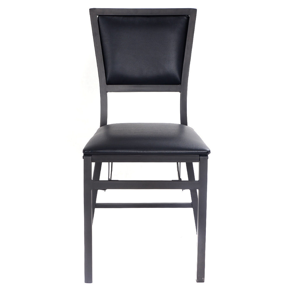 Black PU leather upholstered metal folding dining chair with ergonomic design, ideal for dining rooms and events.