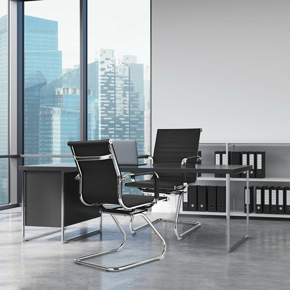 Set of 2 heavy-duty conference chairs in black PU leather with ergonomic backrest, perfect for modern office settings.