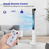 Portable 48-inch white tower fan with remote control, featuring 80° oscillation and 3-speed settings for customizable.