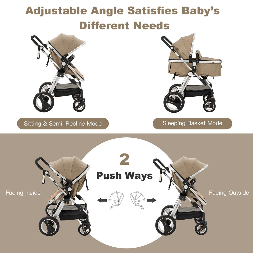 Adjustable baby stroller in beige with multi-position recline, suitable for infants and toddlers, perfect for outdoor.